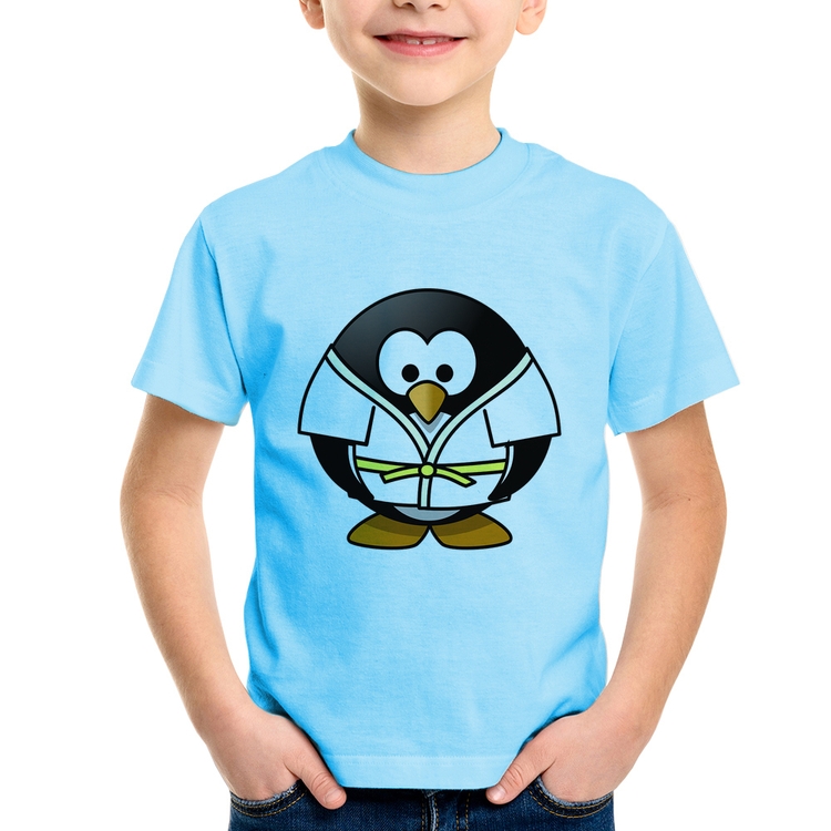 Camiseta Infantil Pinguim Judô - Azul Bebê
