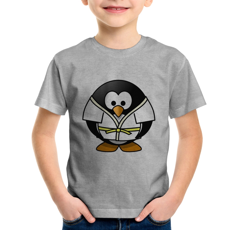 Camiseta Infantil Pinguim Judô - Cinza