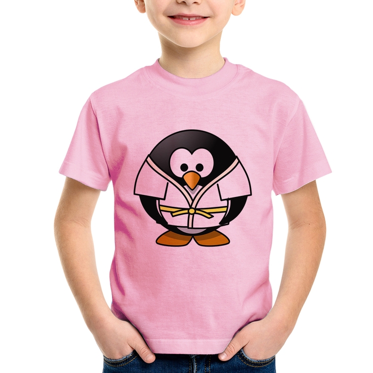 Camiseta Infantil Pinguim Judô - Rosa Bebê