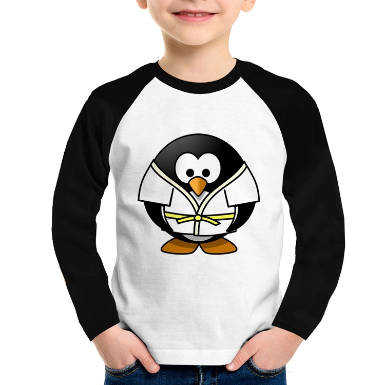 Camiseta Raglan Infantil Pinguim Judô Manga Longa