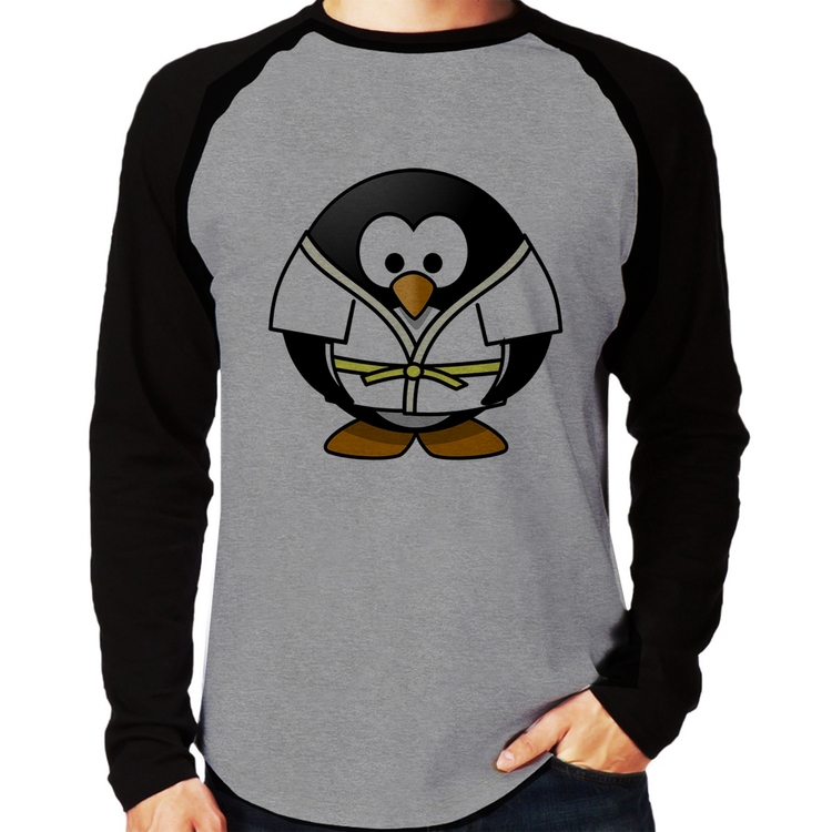 Camiseta Raglan Pinguim Judô Manga Longa - Cinza/Preto