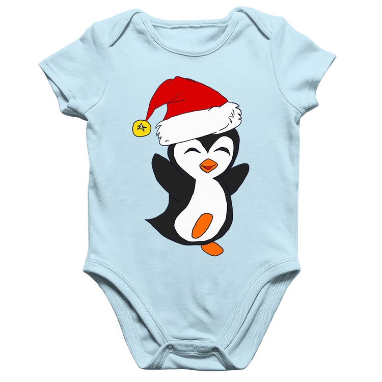 Body Bebê Algodão Pinguim Noel - Azul Bebê