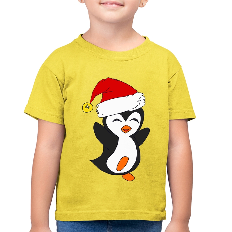 Camiseta Algodão Infantil Pinguim Noel - Amarelo Canário