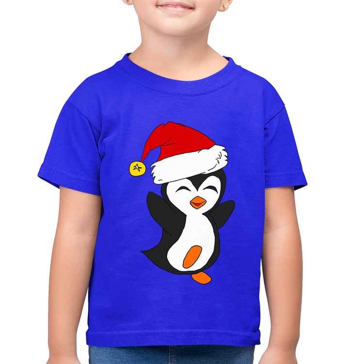 Camiseta Algodão Infantil Pinguim Noel - Azul Royal