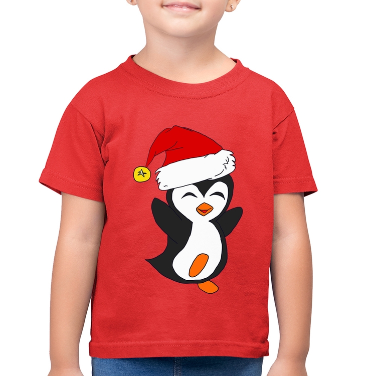 Camiseta Algodão Infantil Pinguim Noel - Vermelha