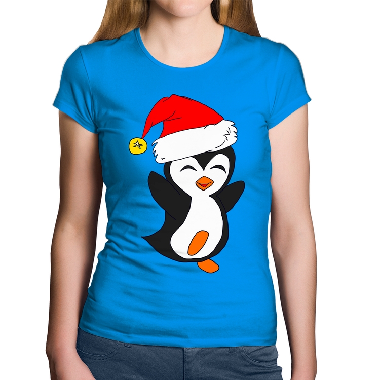 Baby Look Algodão Pinguim Noel - Azul