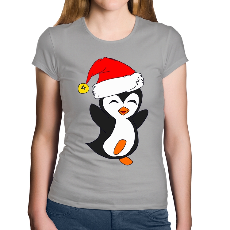 Baby Look Algodão Pinguim Noel - Cinza