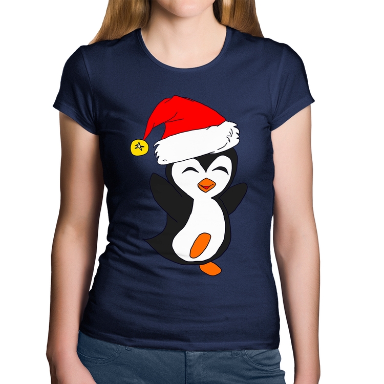 Baby Look Algodão Pinguim Noel - Marinho