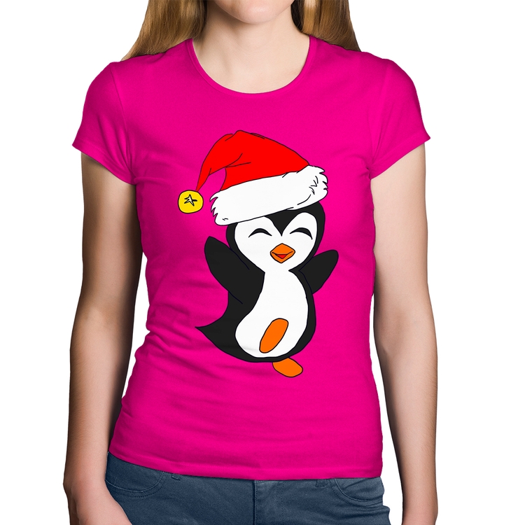 Baby Look Algodão Pinguim Noel - Rosa