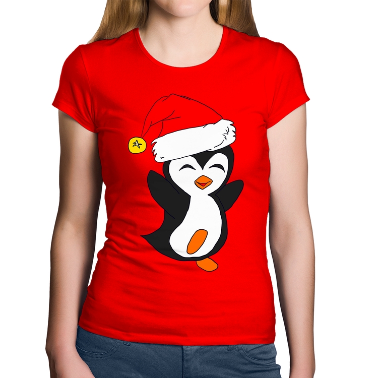 Baby Look Algodão Pinguim Noel - Vermelha