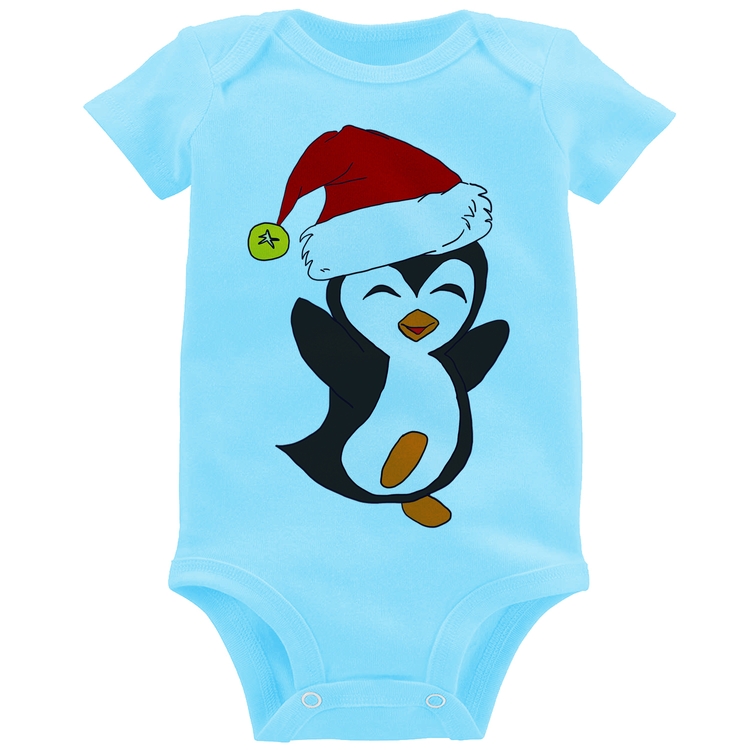 Body Bebê Pinguim Noel - Azul Bebê