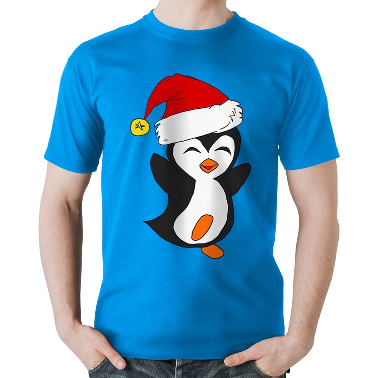 Camiseta Algodão Pinguim Noel - Azul