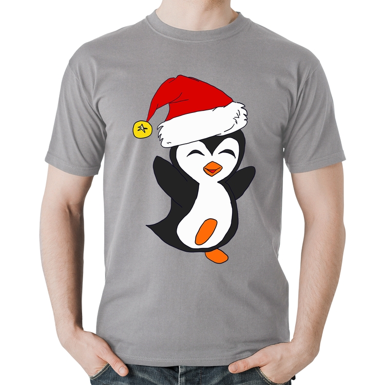Camiseta Algodão Pinguim Noel - Cinza