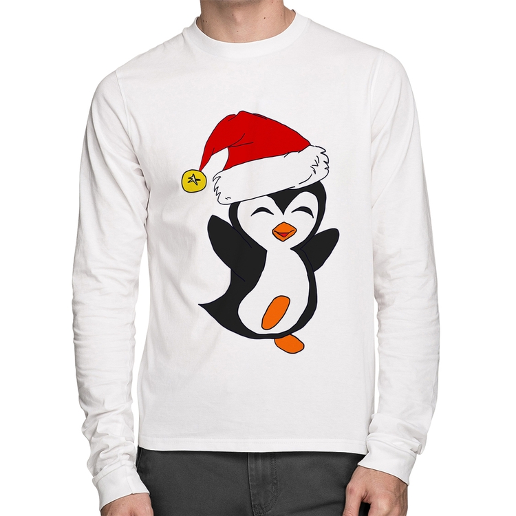 Camiseta Algodão Pinguim Noel Manga Longa - Branca