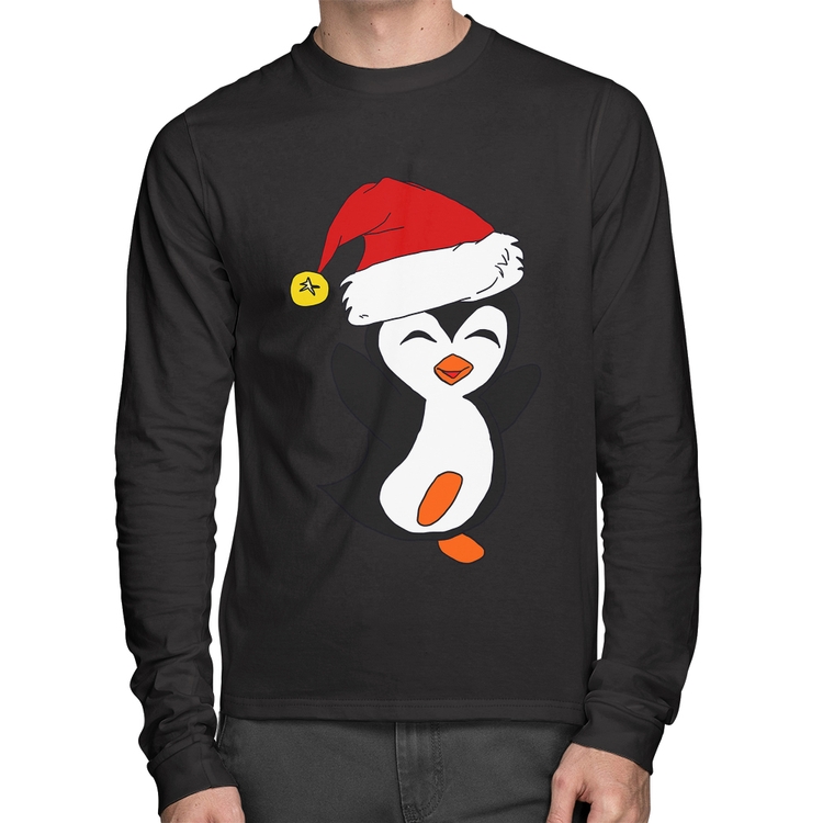 Camiseta Algodão Pinguim Noel Manga Longa