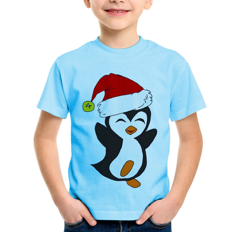 Camiseta Infantil Pinguim Noel - Azul Bebê