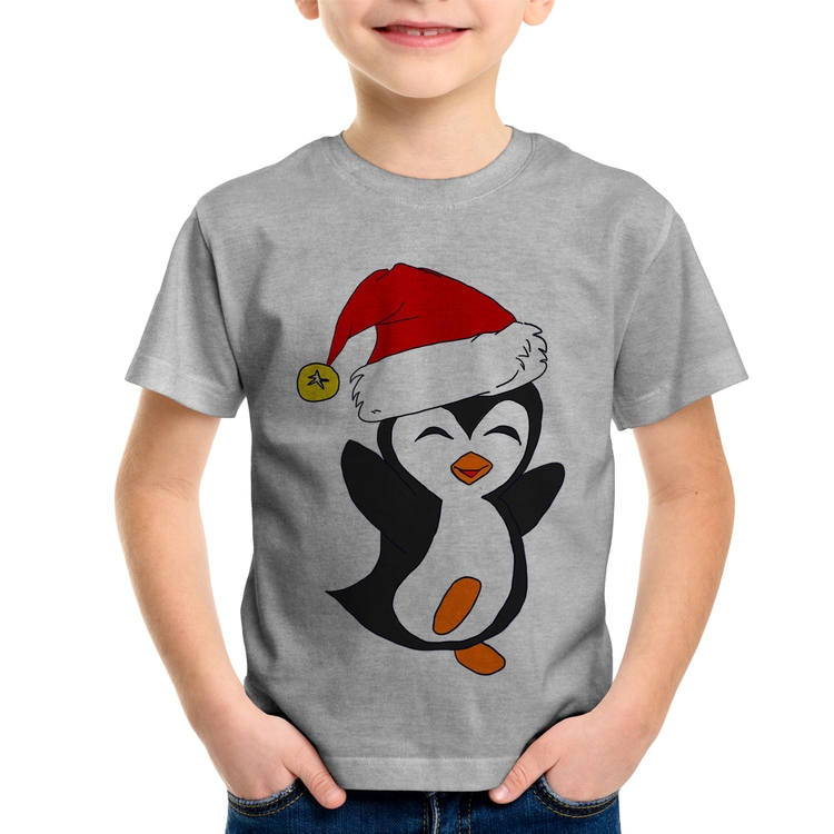 Camiseta Infantil Pinguim Noel - Cinza