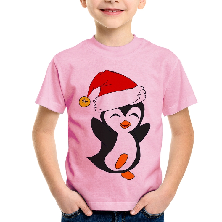 Camiseta Infantil Pinguim Noel - Rosa Bebê