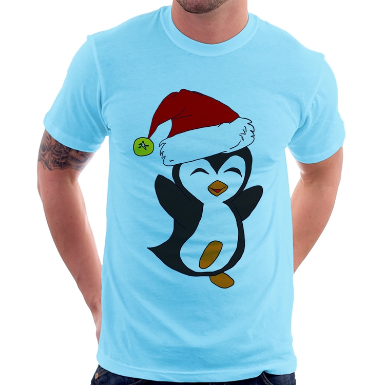 Camiseta Pinguim Noel - Azul Bebê