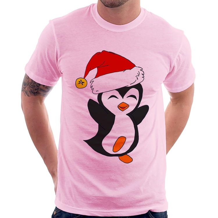 Camiseta Pinguim Noel - Rosa Bebê
