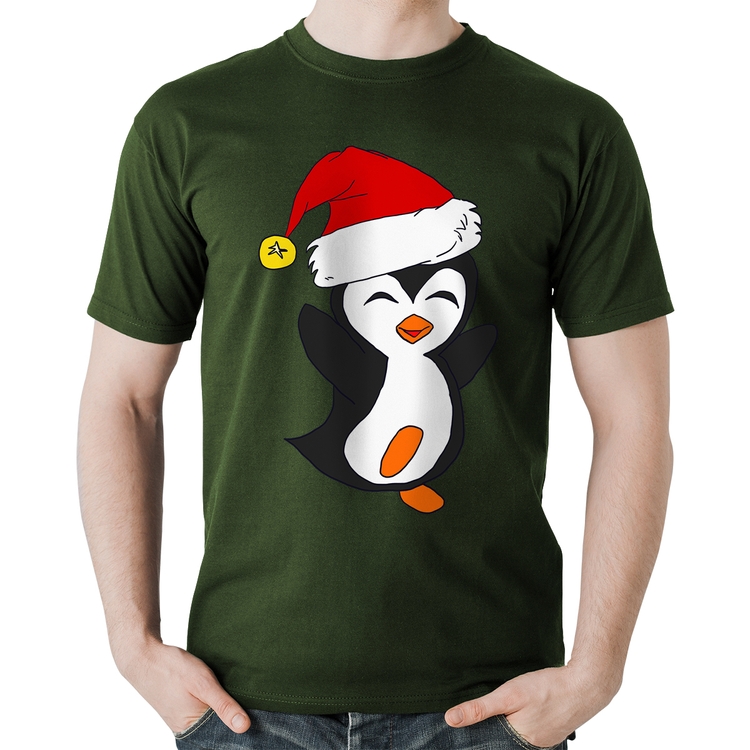 Camiseta Algodão Pinguim Noel - Musgo