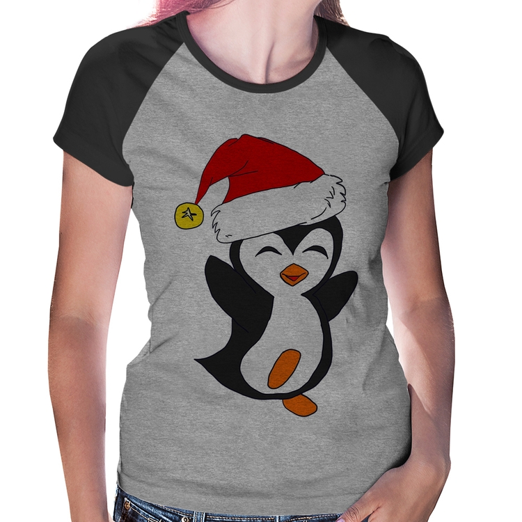 Baby Look Raglan Pinguim Noel - Cinza/Preto