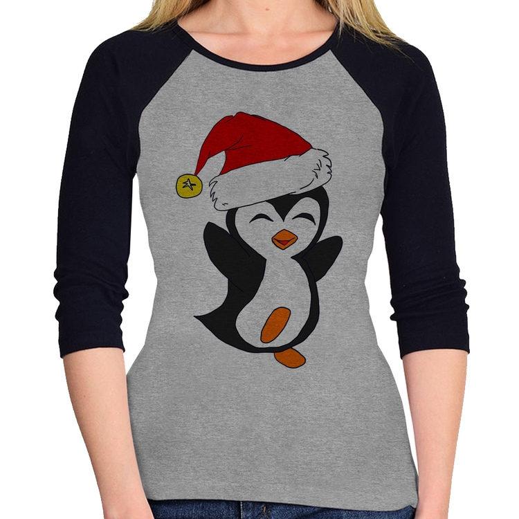 Baby Look Raglan Pinguim Noel Manga 3/4 - Cinza/Preto