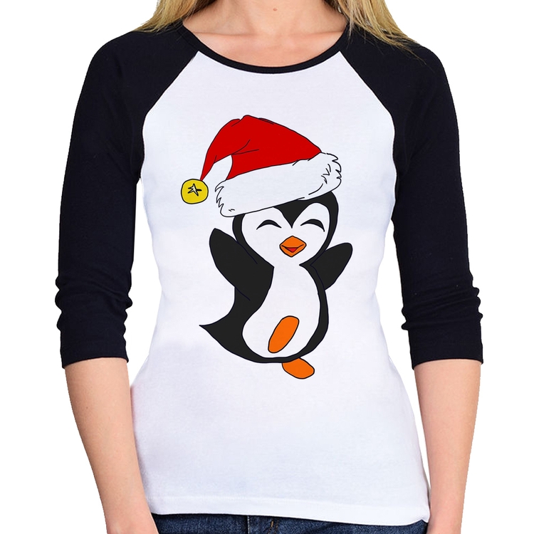 Baby Look Raglan Pinguim Noel Manga 3/4