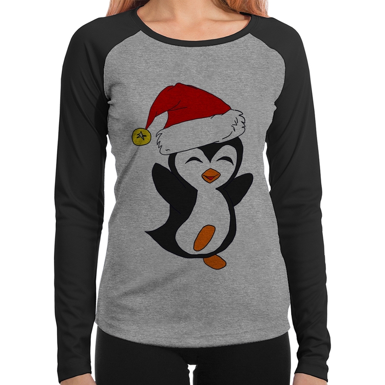 Baby Look Raglan Pinguim Noel Manga Longa - Cinza/Preto