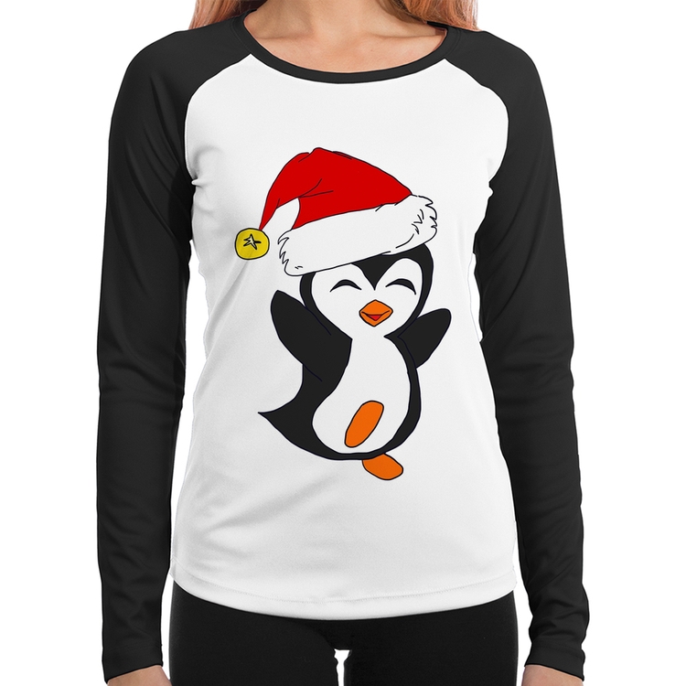 Baby Look Raglan Pinguim Noel Manga Longa