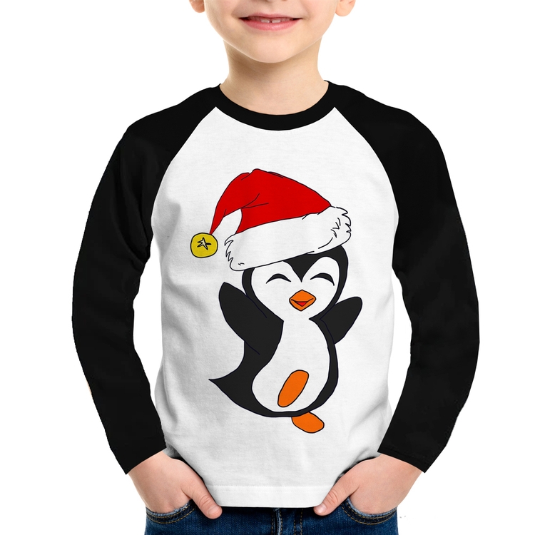 Camiseta Raglan Infantil Pinguim Noel Manga Longa