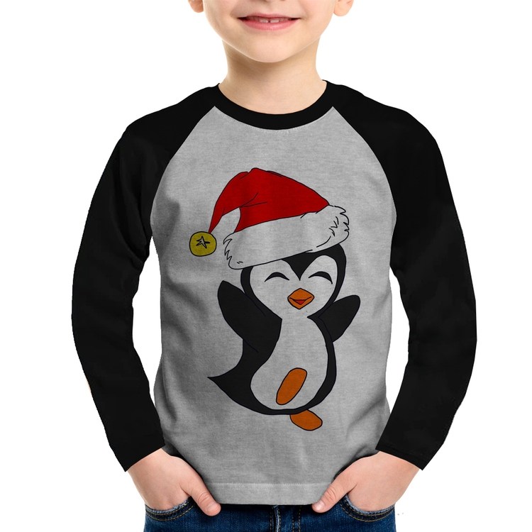 Camiseta Raglan Infantil Pinguim Noel Manga Longa - Cinza/Preto