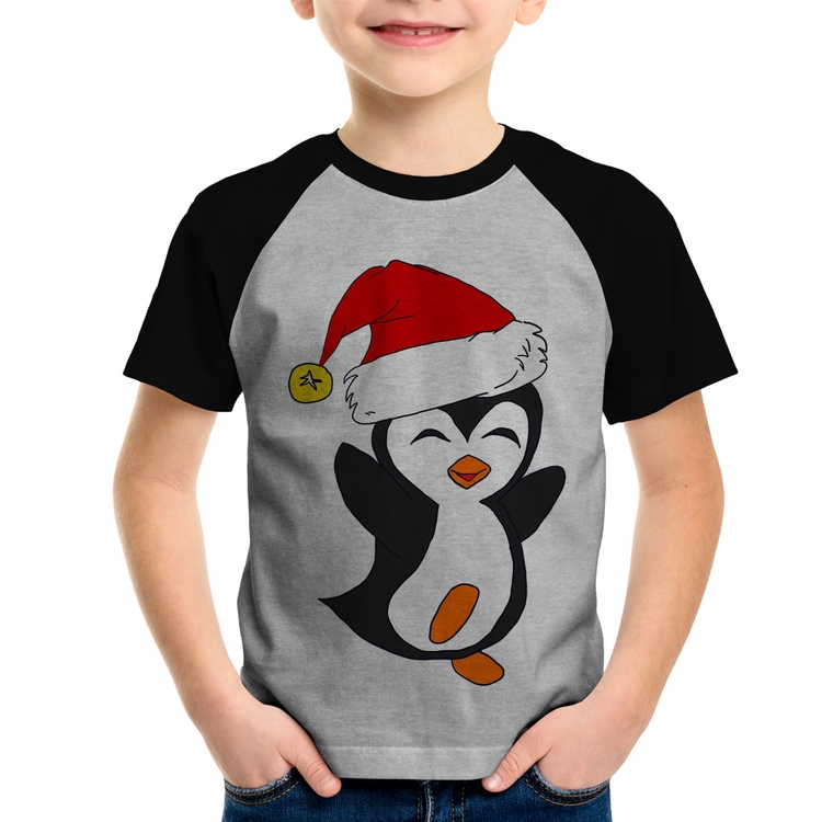 Camiseta Raglan Infantil Pinguim Noel - Cinza/Preto
