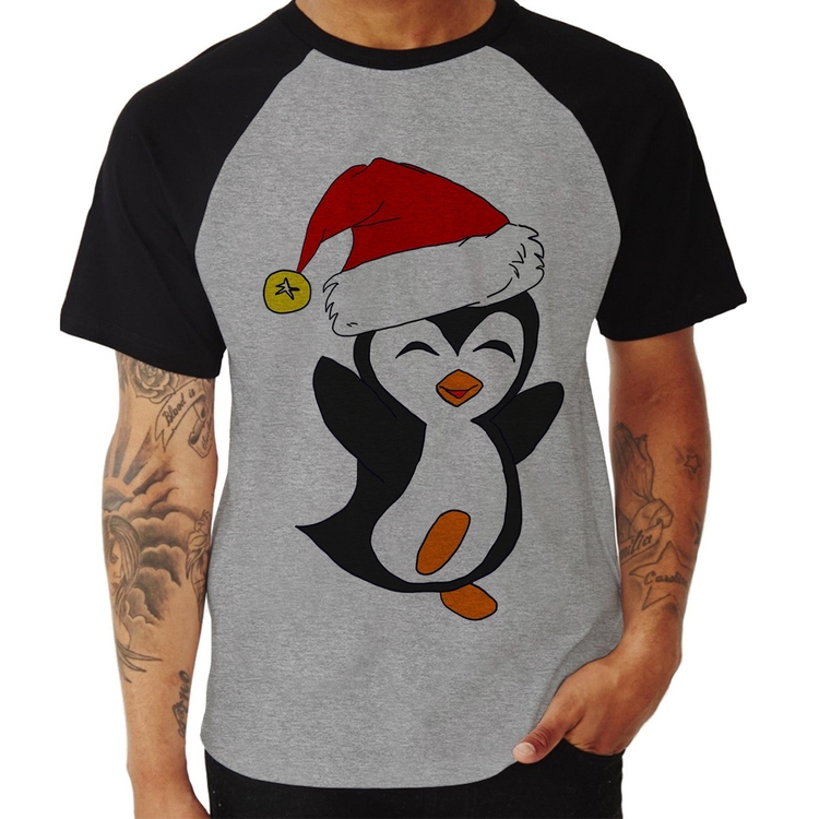 Camiseta Raglan Pinguim Noel - Cinza/Preto