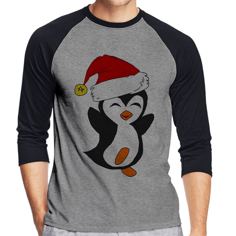 Camiseta Raglan Pinguim Noel Manga 3/4 - Cinza/Preto