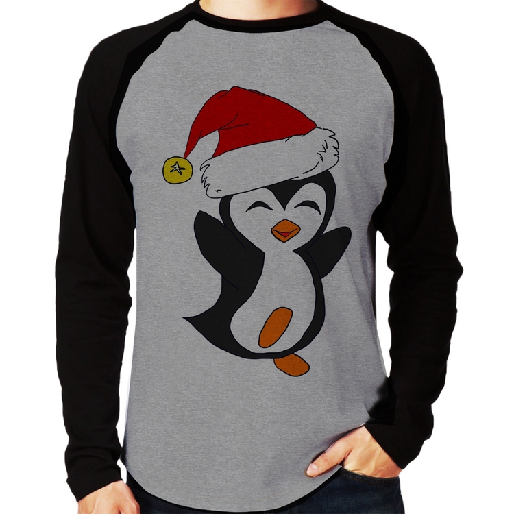 Camiseta Raglan Pinguim Noel Manga Longa - Cinza/Preto