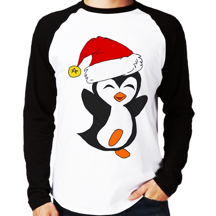 Camiseta Raglan Pinguim Noel Manga Longa