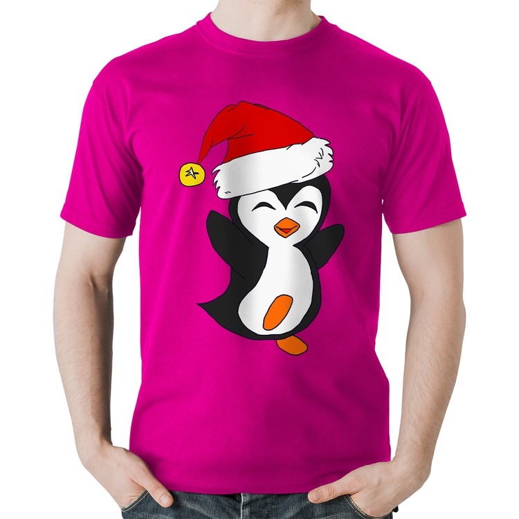Camiseta Algodão Pinguim Noel - Rosa