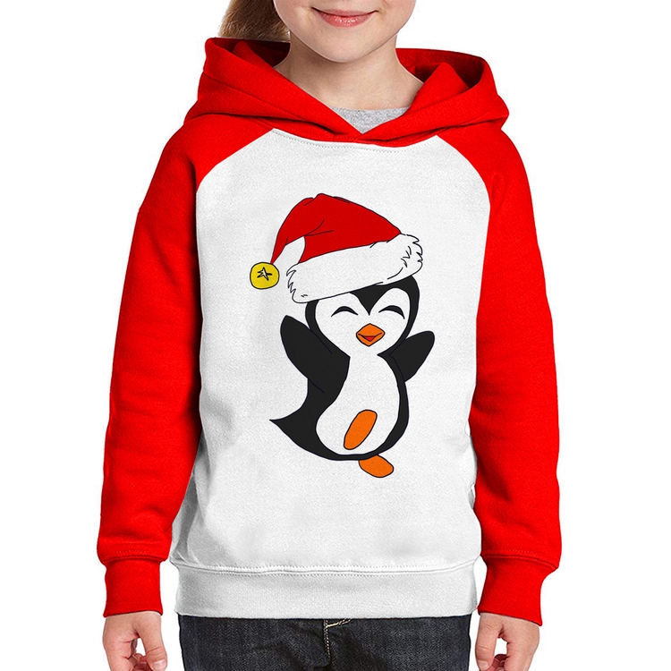 Moletom Infantil Pinguim Noel - Branco/Vermelho