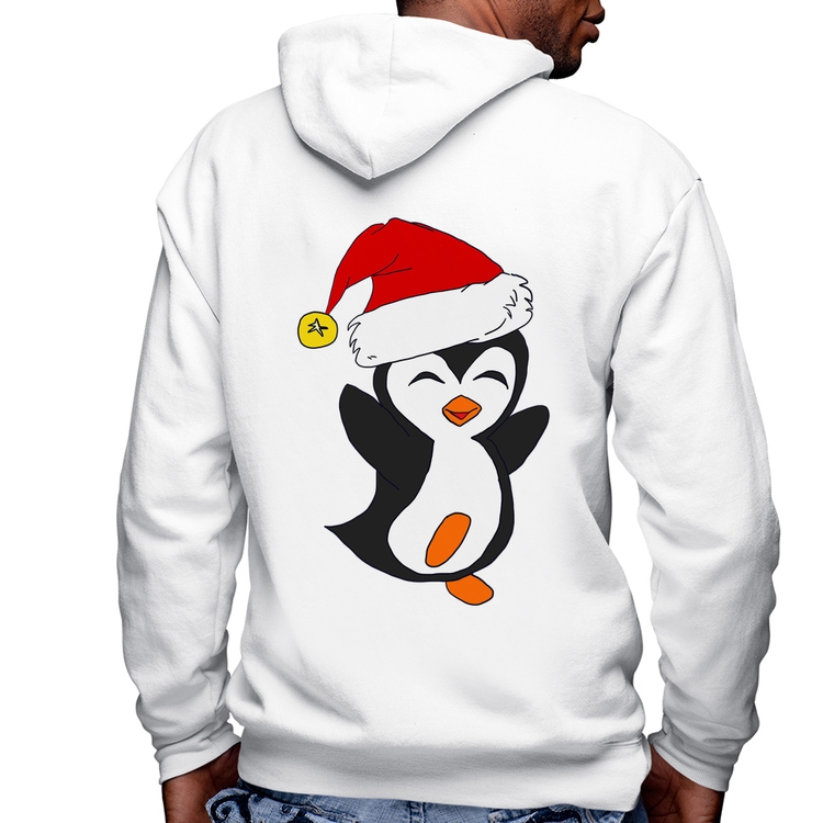 Blusa Moletom Pinguim Noel Masculina com Capuz e Zíper - Branca
