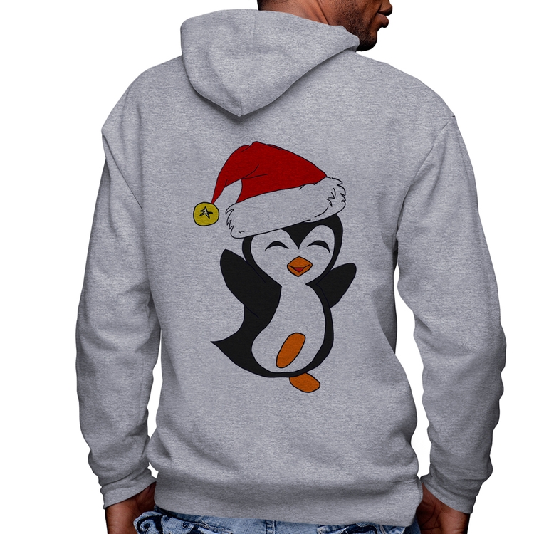 Blusa Moletom Pinguim Noel Masculina com Capuz e Zíper - Mescla