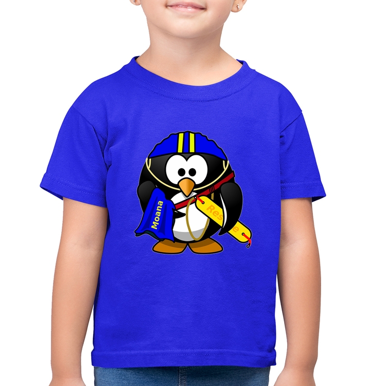 Camiseta Algodão Infantil Pinguim Salva Vidas - Azul Royal