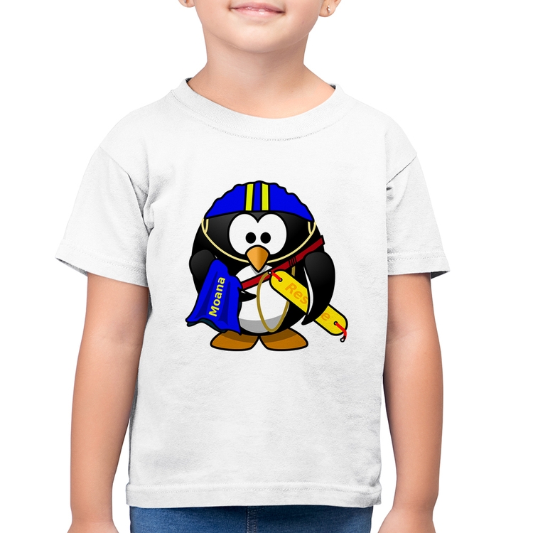 Camiseta Algodão Infantil Pinguim Salva Vidas - Branca