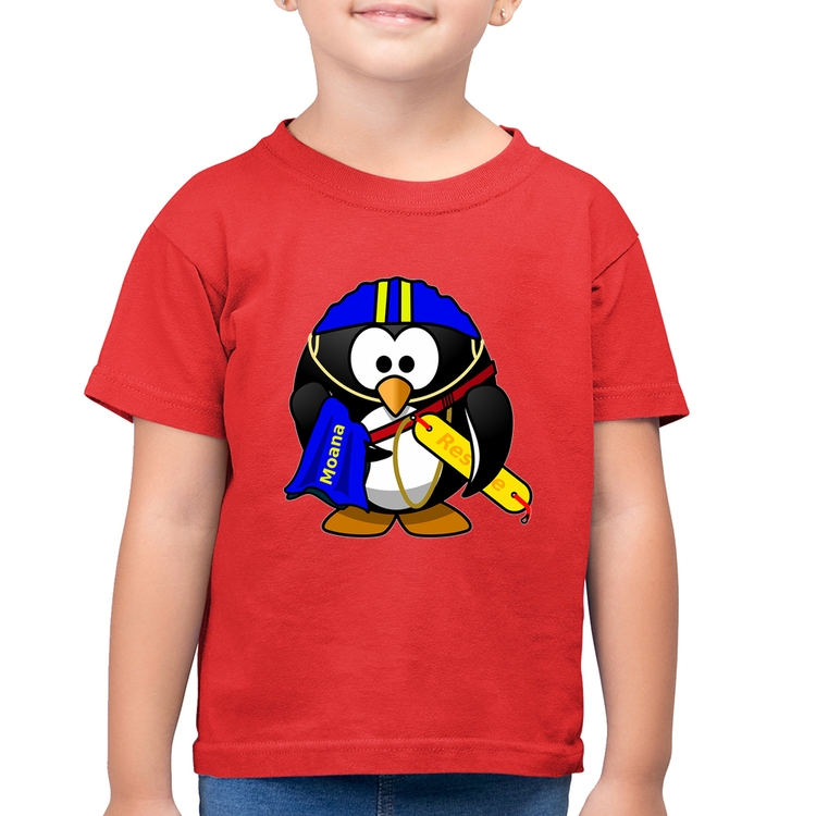 Camiseta Algodão Infantil Pinguim Salva Vidas - Vermelha