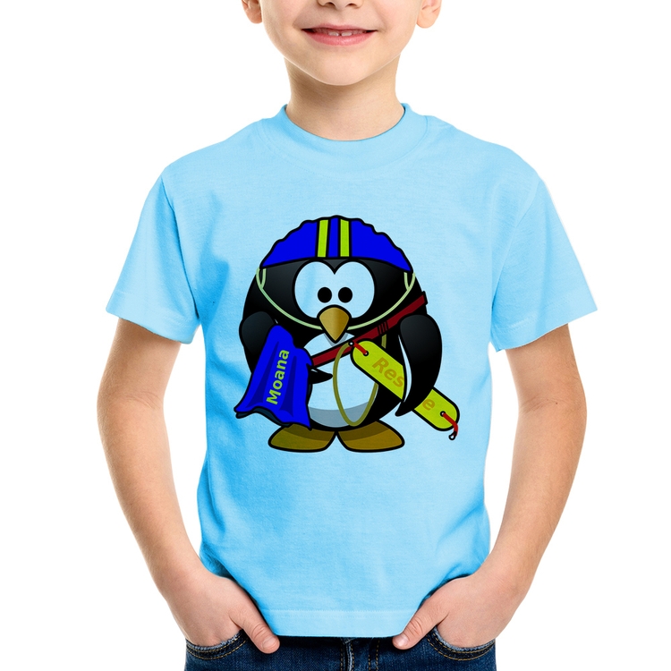 Camiseta Infantil Pinguim Salva Vidas - Azul Bebê