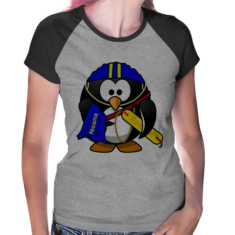 Baby Look Raglan Pinguim Salva Vidas - Cinza/Preto