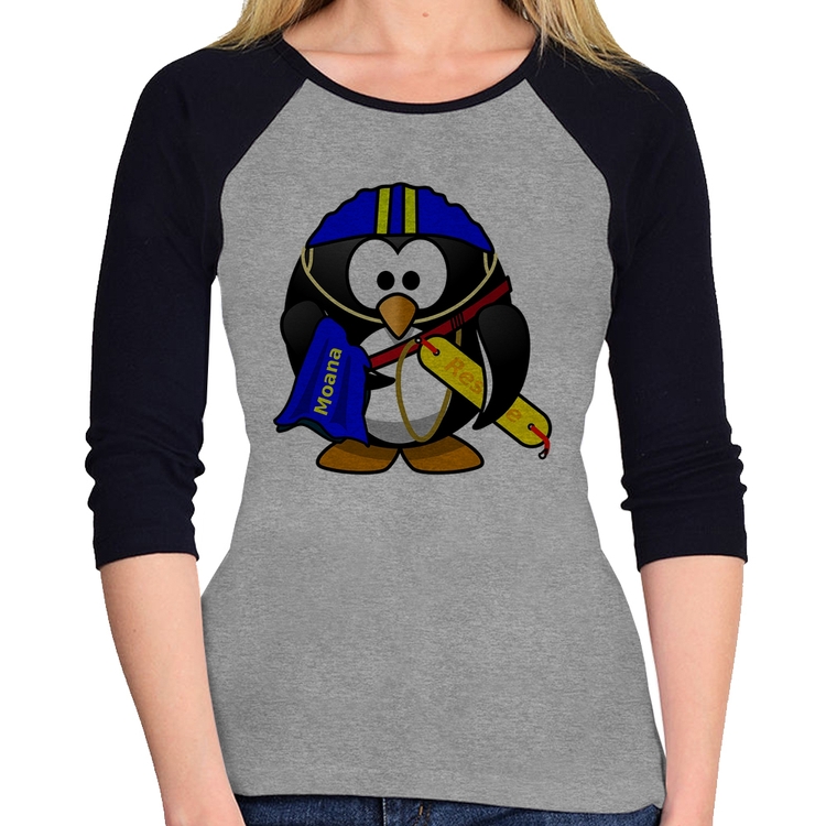 Baby Look Raglan Pinguim Salva Vidas Manga 3/4 - Cinza/Preto