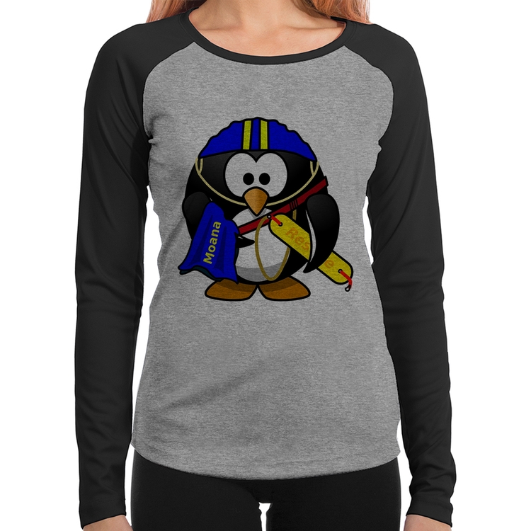 Baby Look Raglan Pinguim Salva Vidas Manga Longa - Cinza/Preto