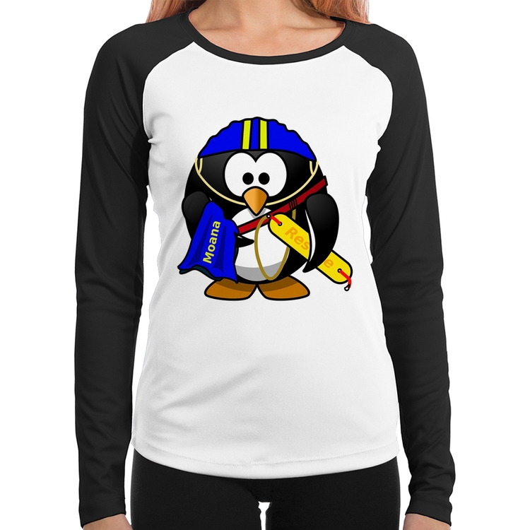 Baby Look Raglan Pinguim Salva Vidas Manga Longa