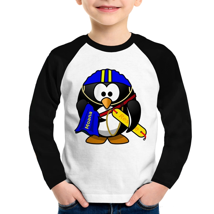 Camiseta Raglan Infantil Pinguim Salva Vidas Manga Longa